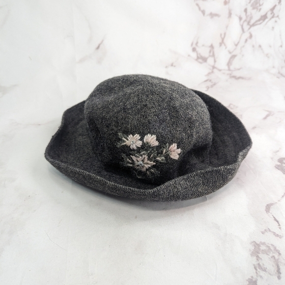Vintage Hat Bucket Womens Gray Floppy Felted Embroidered Floral Pink - Picture 2 of 9